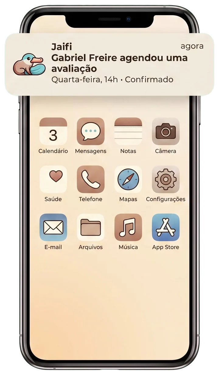 Notificação da Jaifi no celular: Gabriel Freire agendou uma avaliação — quarta-feira, 14h, confirmado.